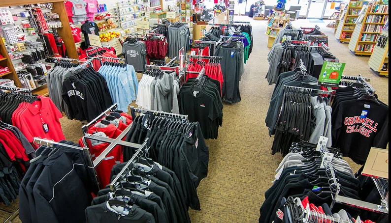 Elevated photo looking down on the apparel section of the sales floor.